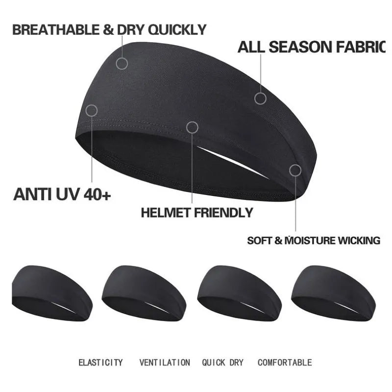 Black athletic headband with text labels highlighting its breathable, moisture-wicking, and helmet-friendly features.