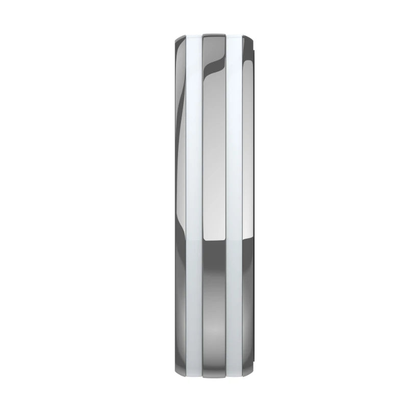 Sleek, grey smart fitness tracking ring with white vertical accents, shown from the side in a minimalist style.