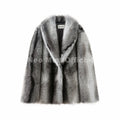 Brown striped faux fur coat with a large scarf collar and long sleeves.