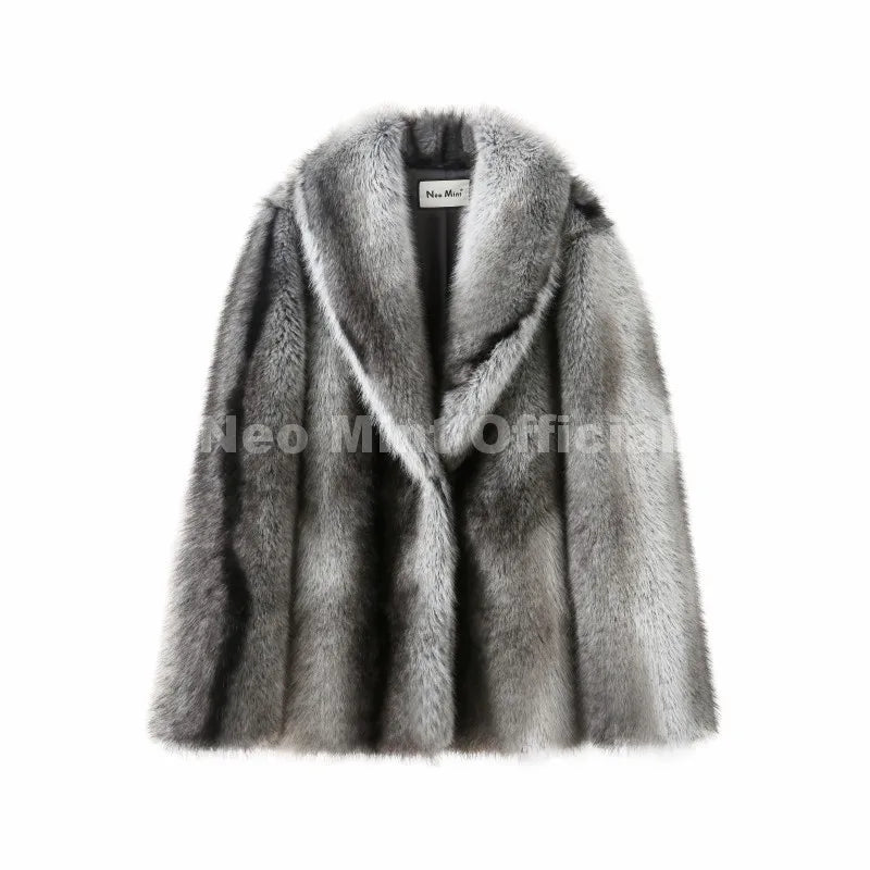 Brown striped faux fur coat with a large scarf collar and long sleeves.