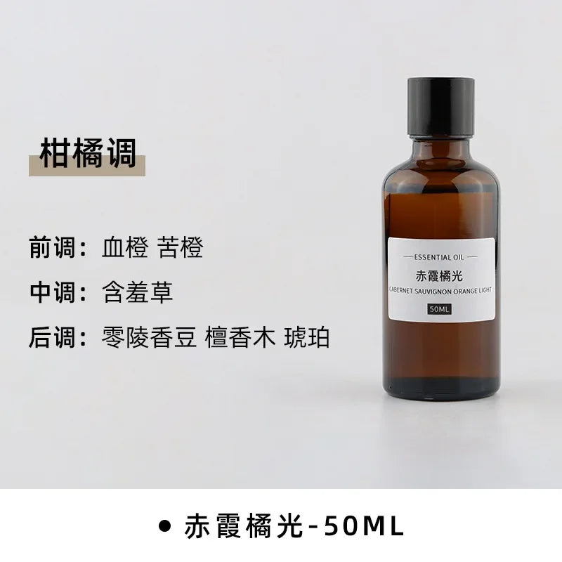50ml amber glass bottle of citrus-scented essential oil with a black cap and minimal label on a white background.