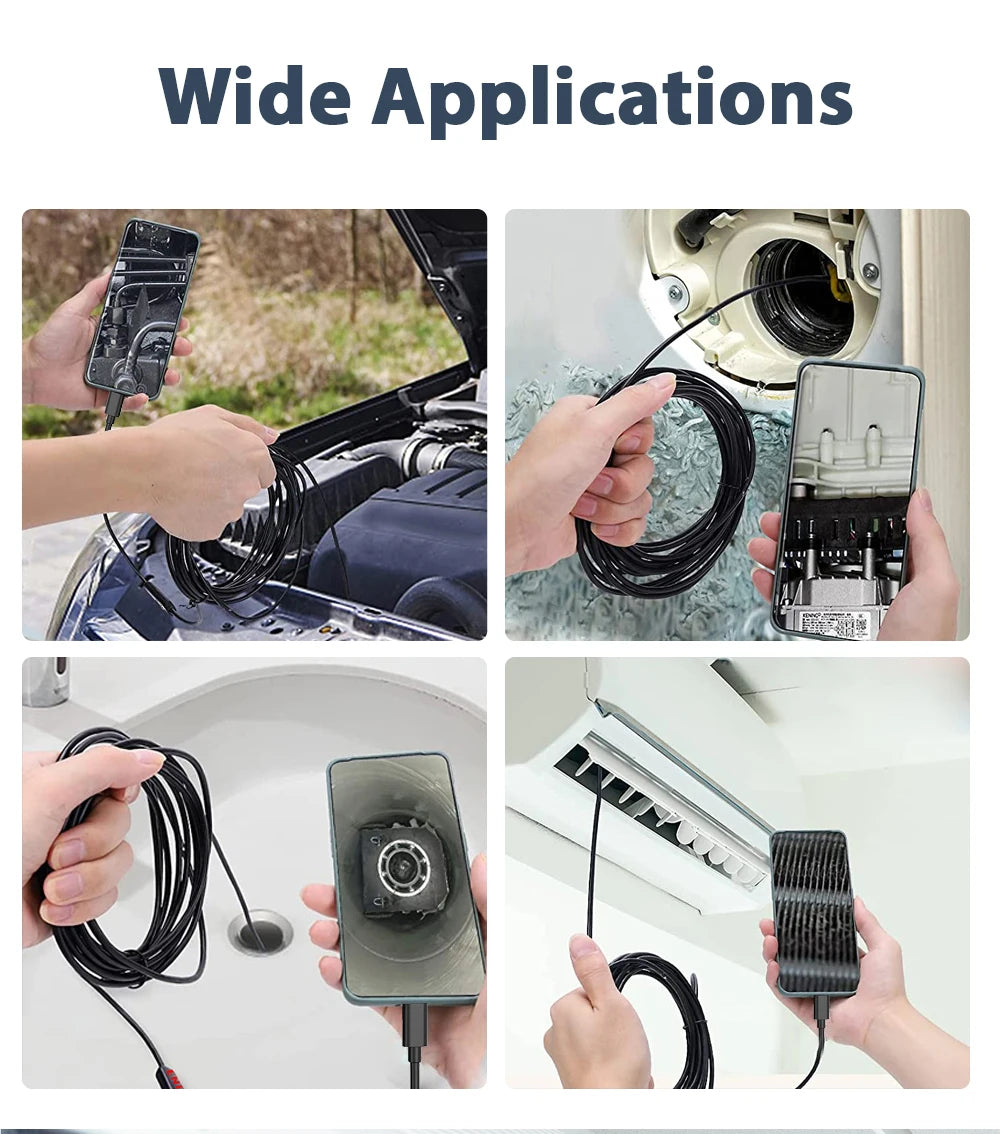 Four images showing a black industrial inspection camera cable connected to a mobile phone inspecting various machinery.
