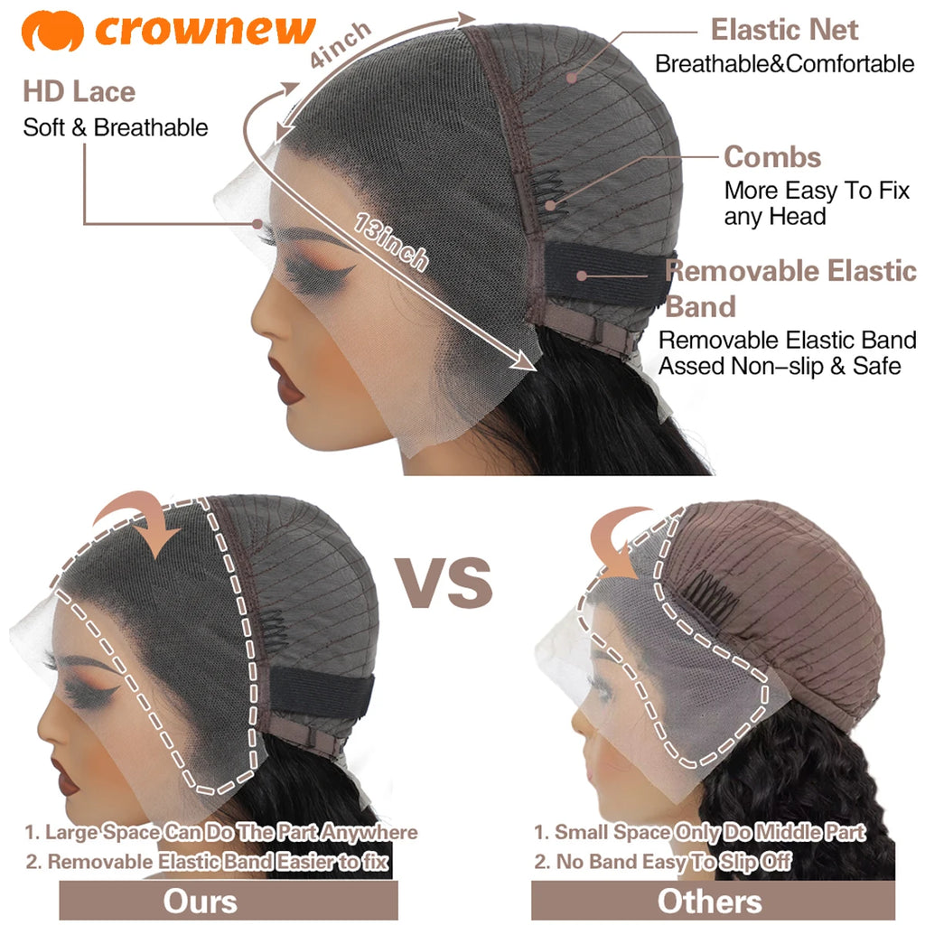 Side profile of black 13x4 HD lace frontal wig cap, showing combs, elastic net, and adjustable strap features.