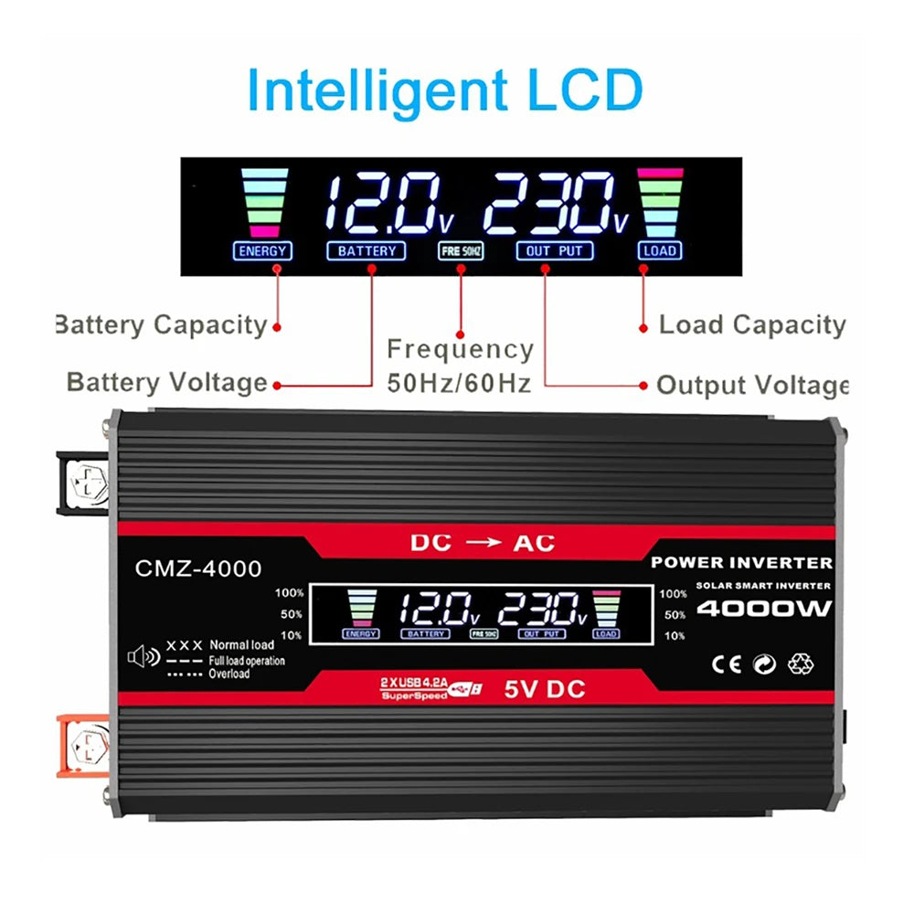 Black and red 4000W solar power inverter with a digital LCD screen displaying voltage, frequency, and load capacity.
