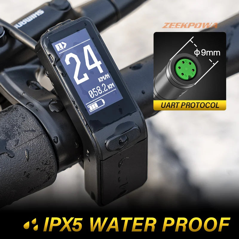 Black SW102 electric bike LCD display mounted on handlebars, showing speed and battery, with inset of 5-pin plug.