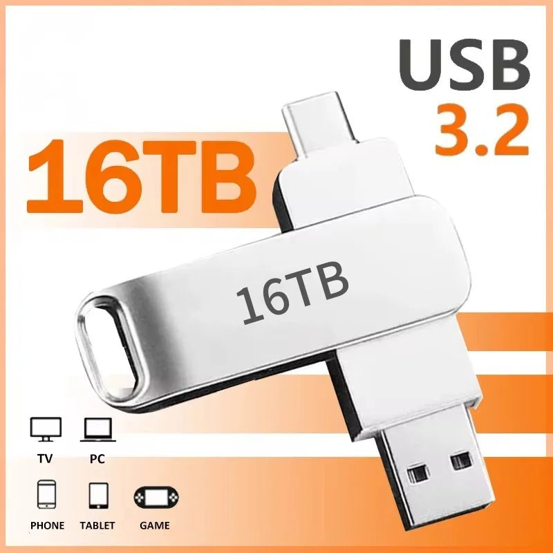 Silver 16TB USB 3.2 metal dual-connector flash drive with a keyring loop, compatible with phones, PCs, and consoles.