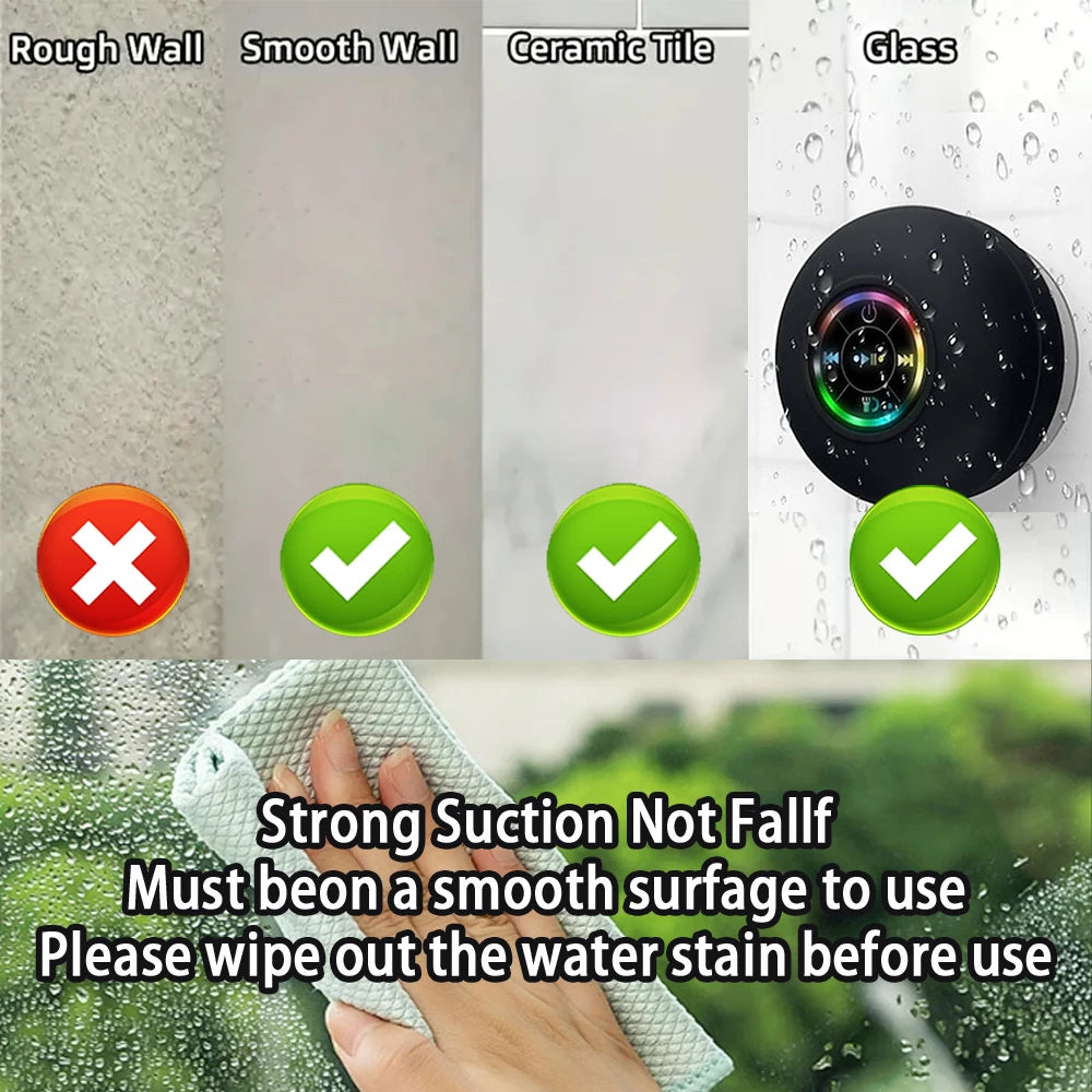 Black round waterproof Bluetooth shower speaker with colourful LED light, showing suitable smooth surfaces for suction.