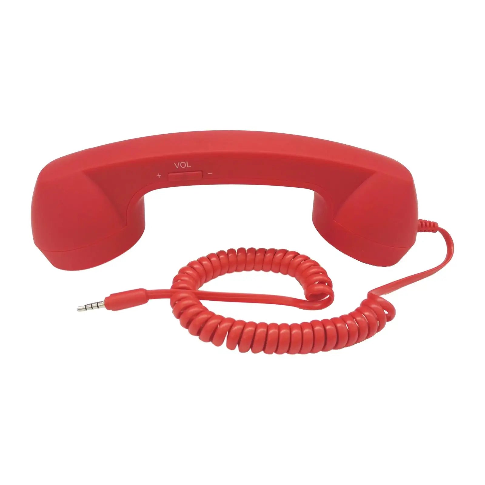 Retro-style red telephone handset with a coiled cord, volume control switch, and a standard 3.5mm headphone jack.