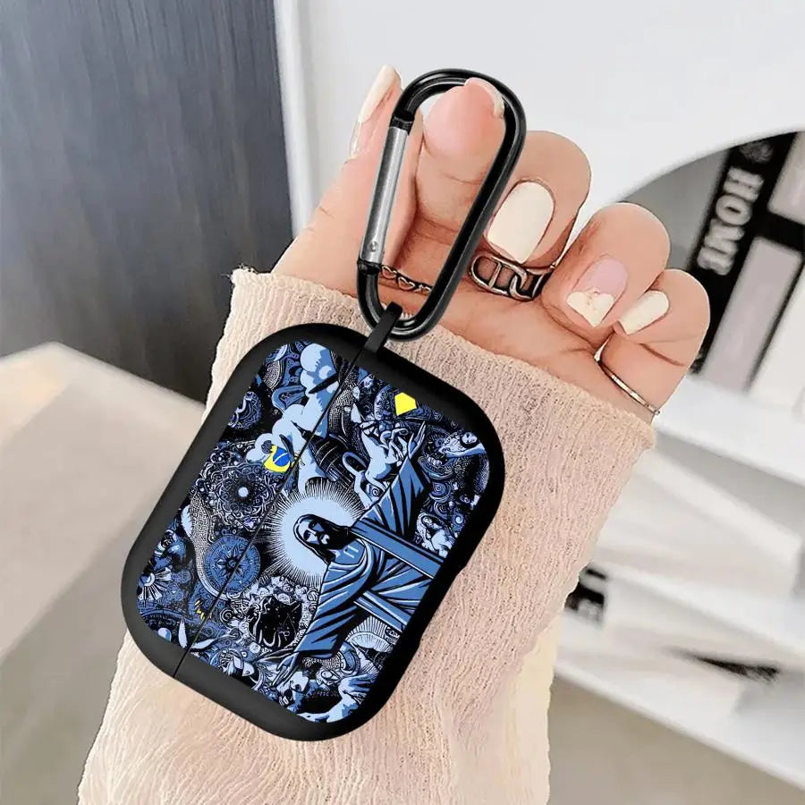 Blue and black religious print silicone AirPods case with a black carabiner clip.
