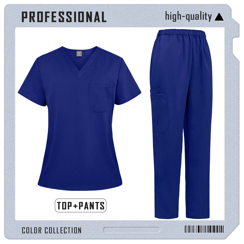 Royal blue unisex medical scrub set featuring a V-neck top with chest pocket and trousers with an elasticated waist.