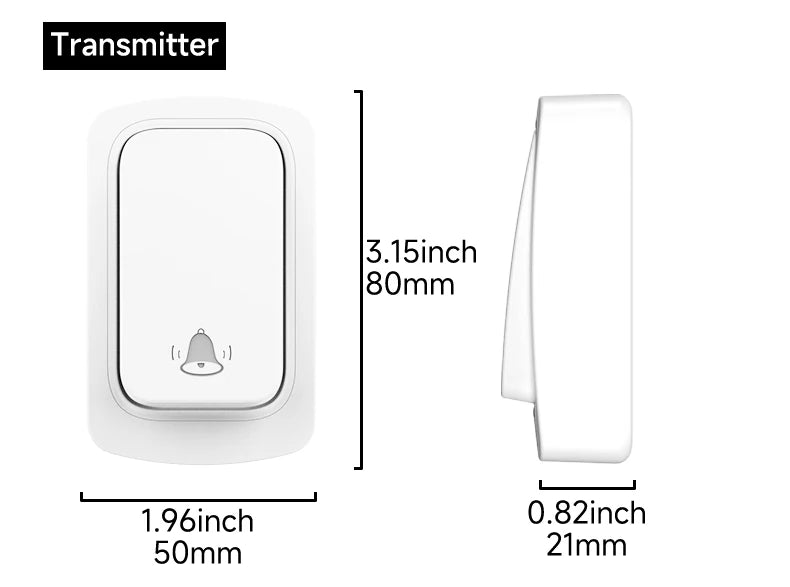 White self-powered wireless doorbell transmitter, showing front and side views with dimensions.