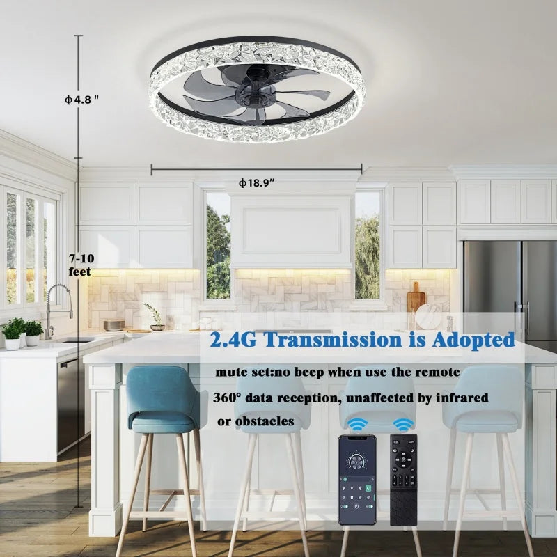 18.9in modern black crystal LED ceiling fan with remote and app control, installed in a bright white kitchen.