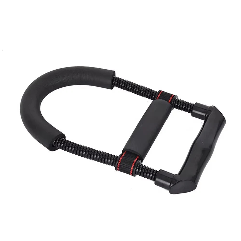 Black chest expander and arm exercise tool with dual springs, foam padding, and a sturdy handle.