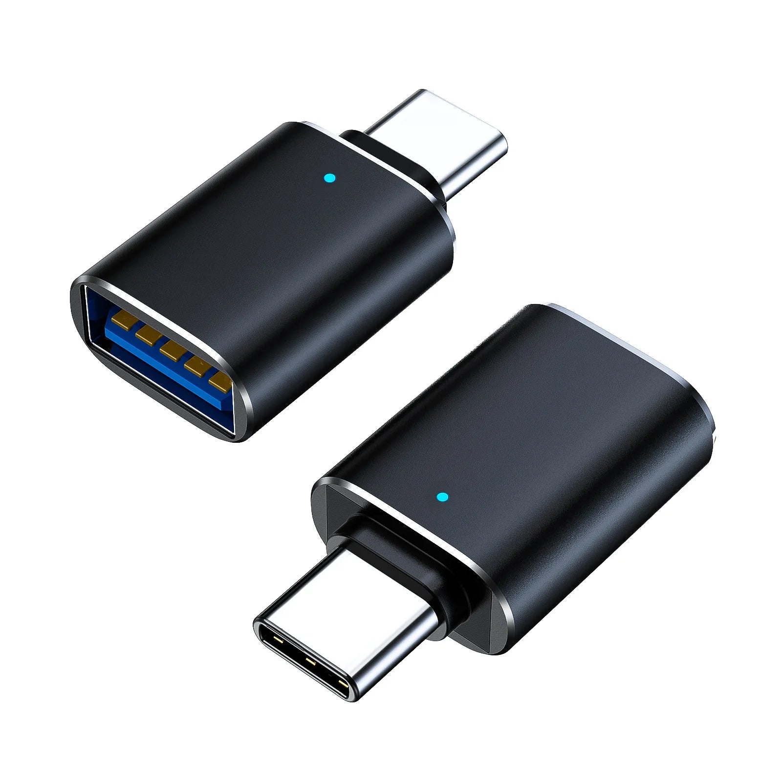 Two compact black USB-C to USB-A adapters with blue indicator lights, shown from different angles.
