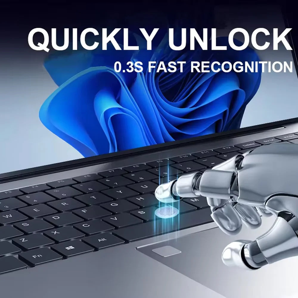 Sleek silver 15.6-inch laptop with fingerprint scanner, showing fast 0.3s secure biometric unlocking technology.