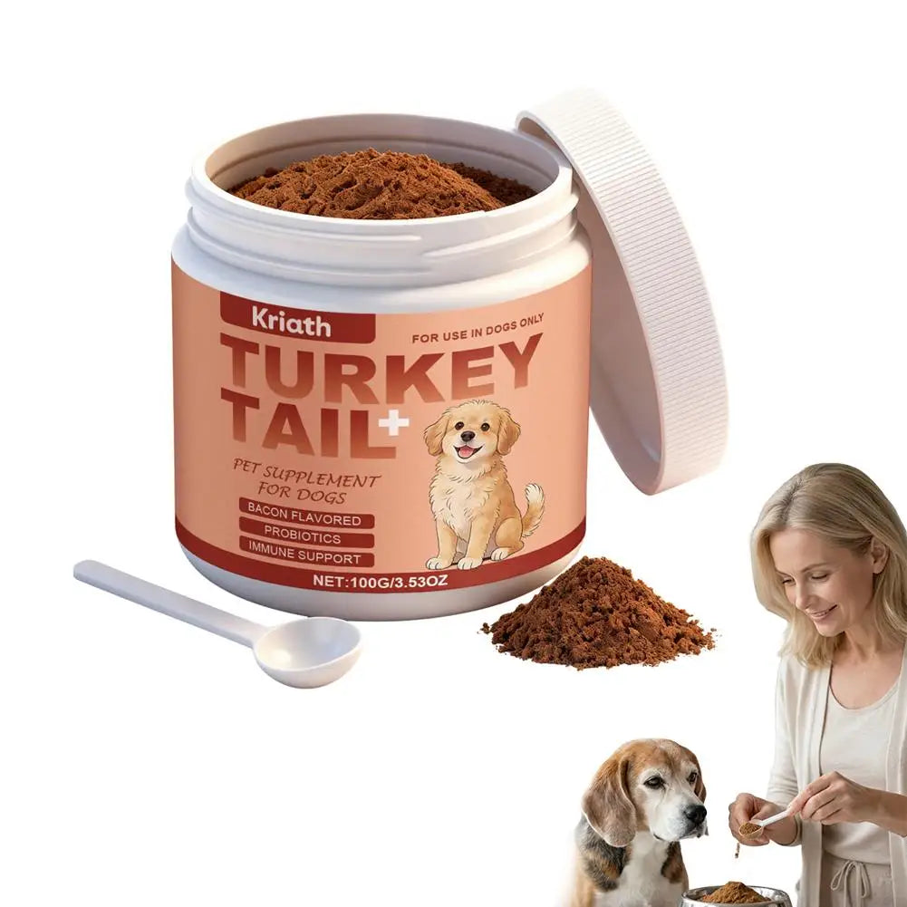 Turkey Tail bacon-flavored dog supplement powder in a 100g tub with scoop, supporting pet immunity and digestion.