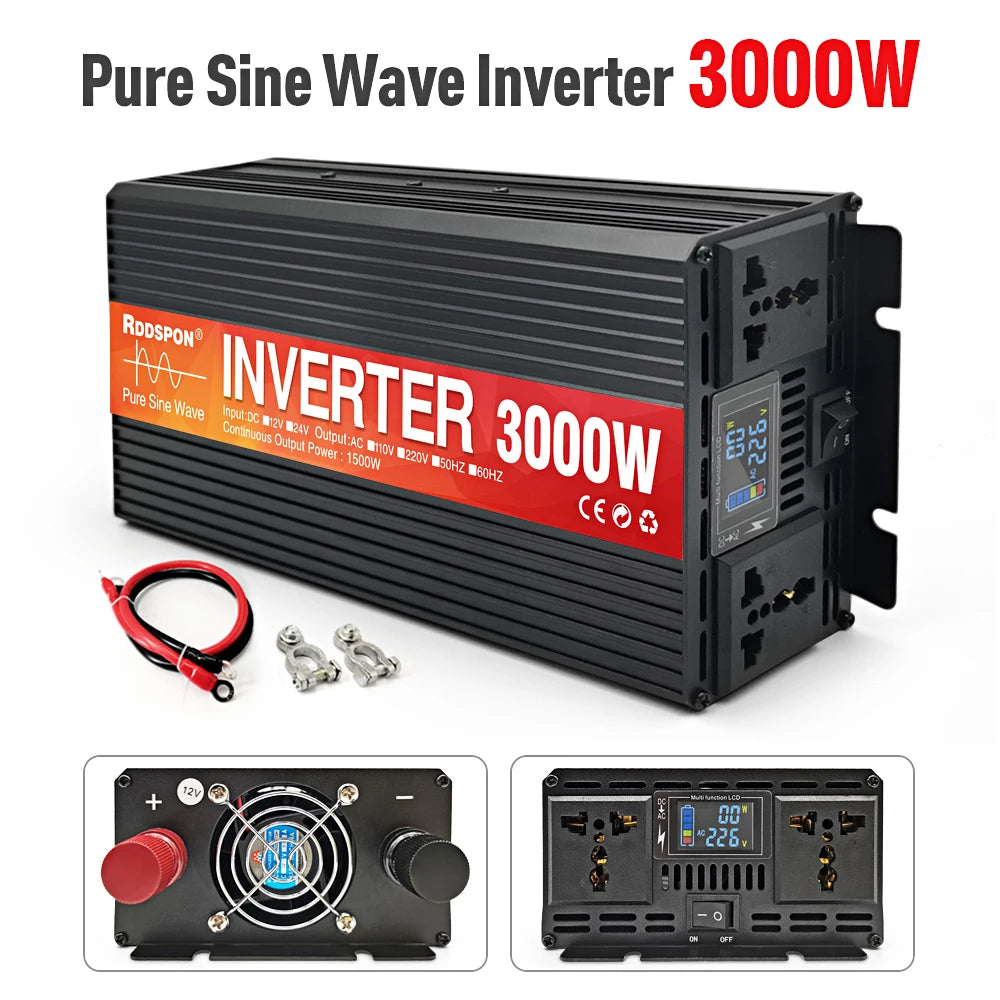 Black 3000W pure sine wave inverter with dual sockets, LCD display, cooling fan, and included battery cables.