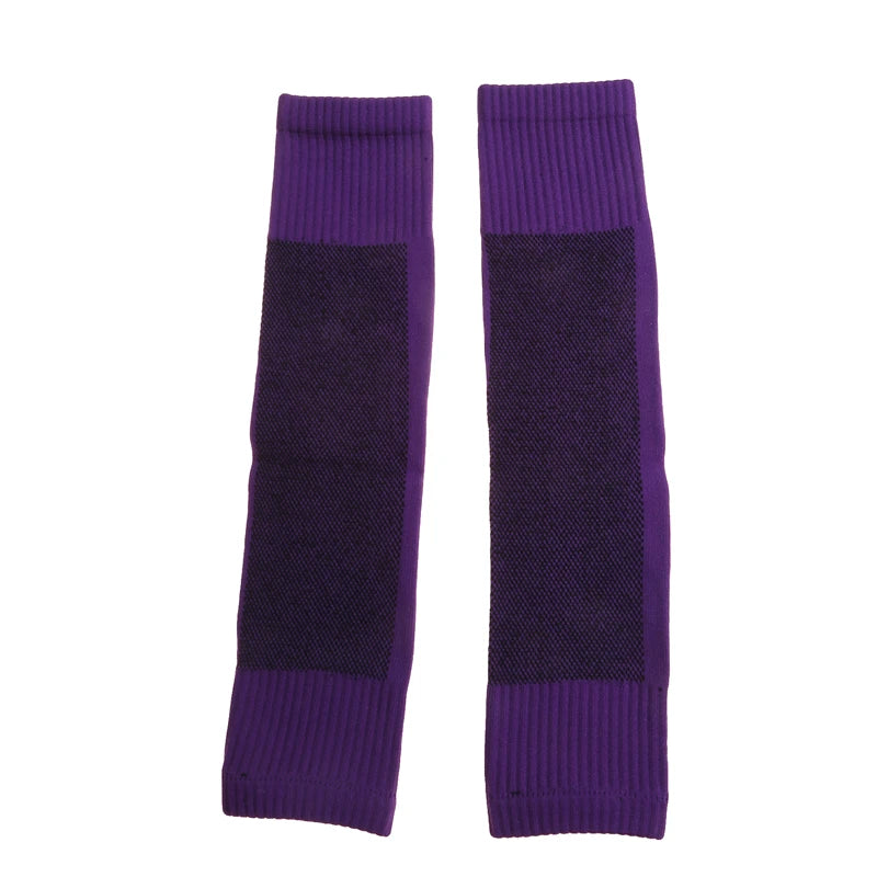 Pair of purple and black compression sleeves with ribbed cuffs and textured central panels.