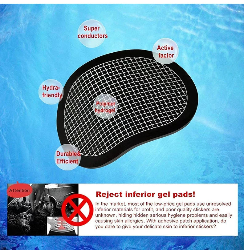 Black kidney-shaped gel pad for abdominal muscle stimulators, featuring a white grid pattern on a blue background.