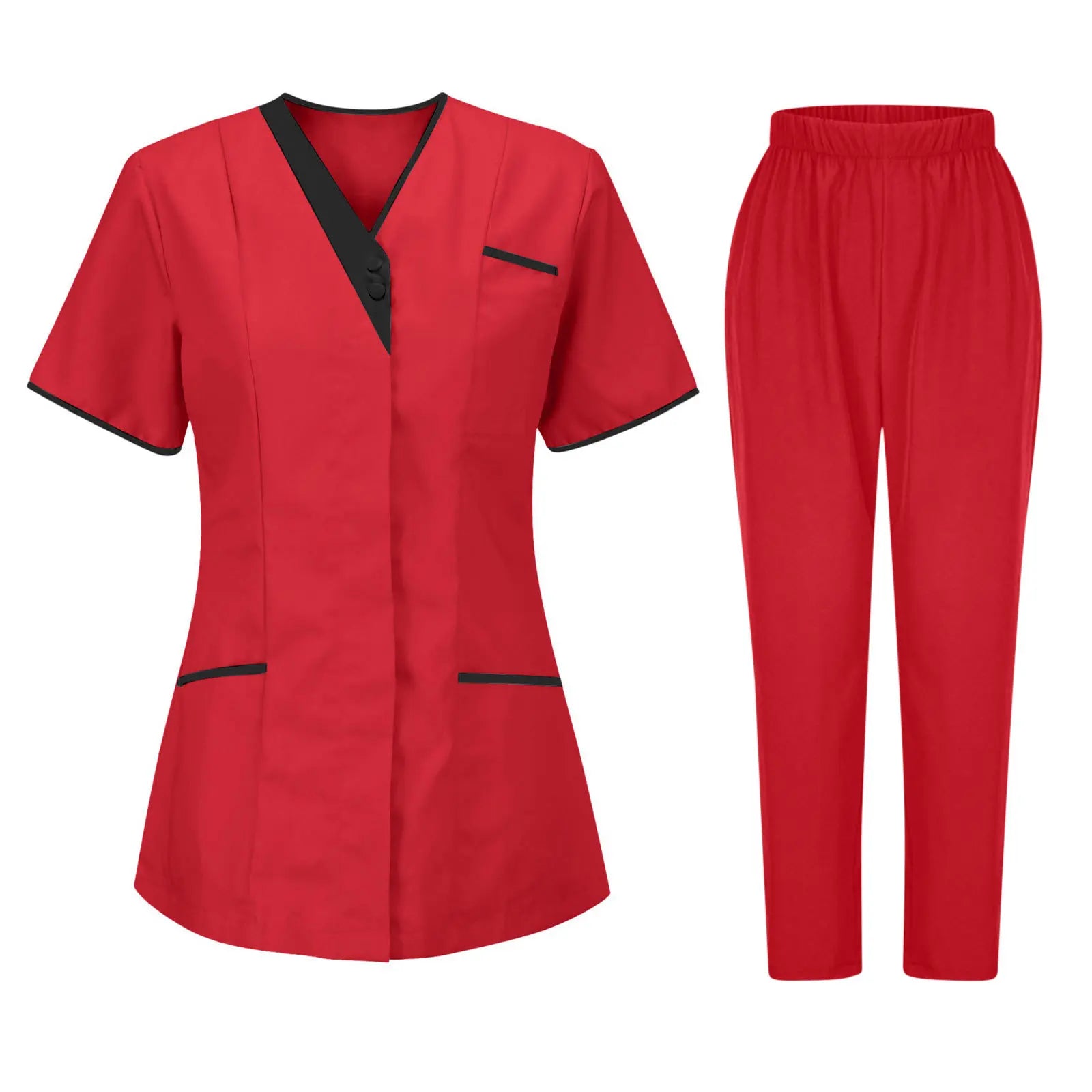 Red work uniform set featuring a V-neck tunic with black trim, short sleeves, and matching elasticated trousers.