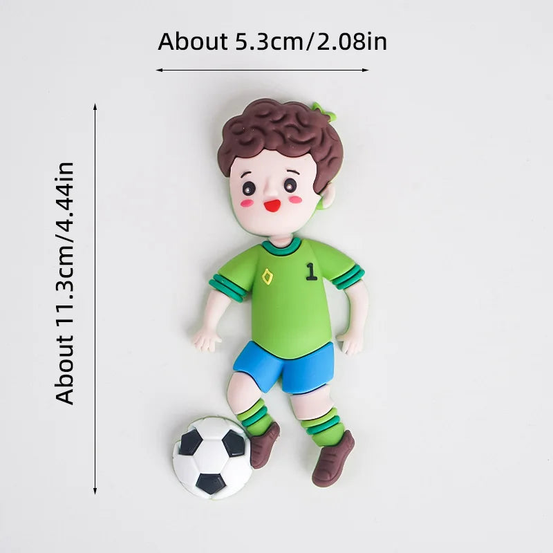 Cartoon boy figure in a green and blue football kit with a ball, 11.3cm tall. Flat design for decoration.