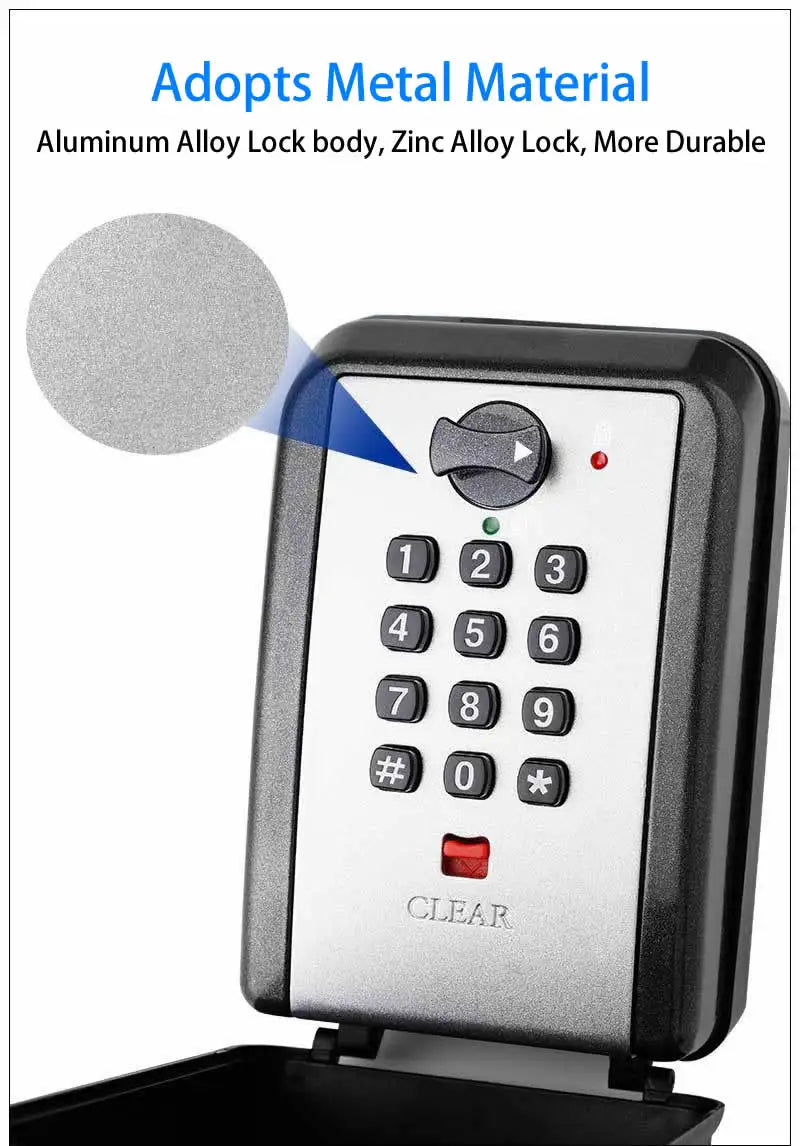 Black and silver metal key lock box with an aluminum alloy body, zinc alloy lock, and a digital keypad.