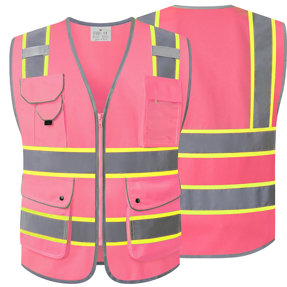Pink high-visibility utility workwear vest with zip front, reflective strips, and multiple storage pockets.
