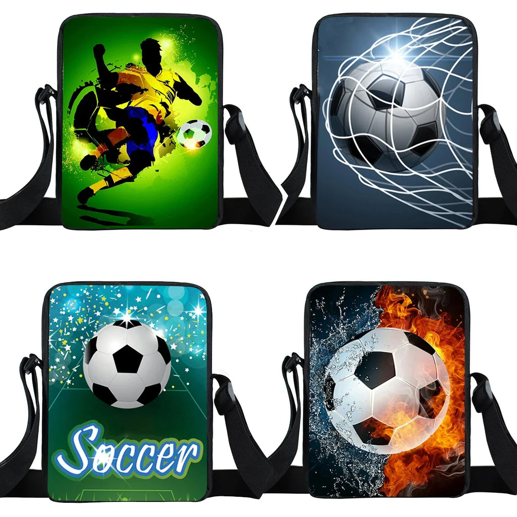 Four rectangular shoulder bags featuring varied vibrant football-themed prints, each with an adjustable black strap.