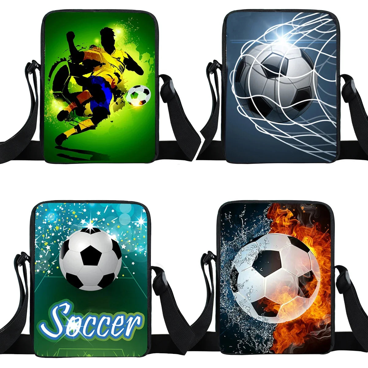 Four rectangular shoulder bags featuring varied vibrant football-themed prints, each with an adjustable black strap.