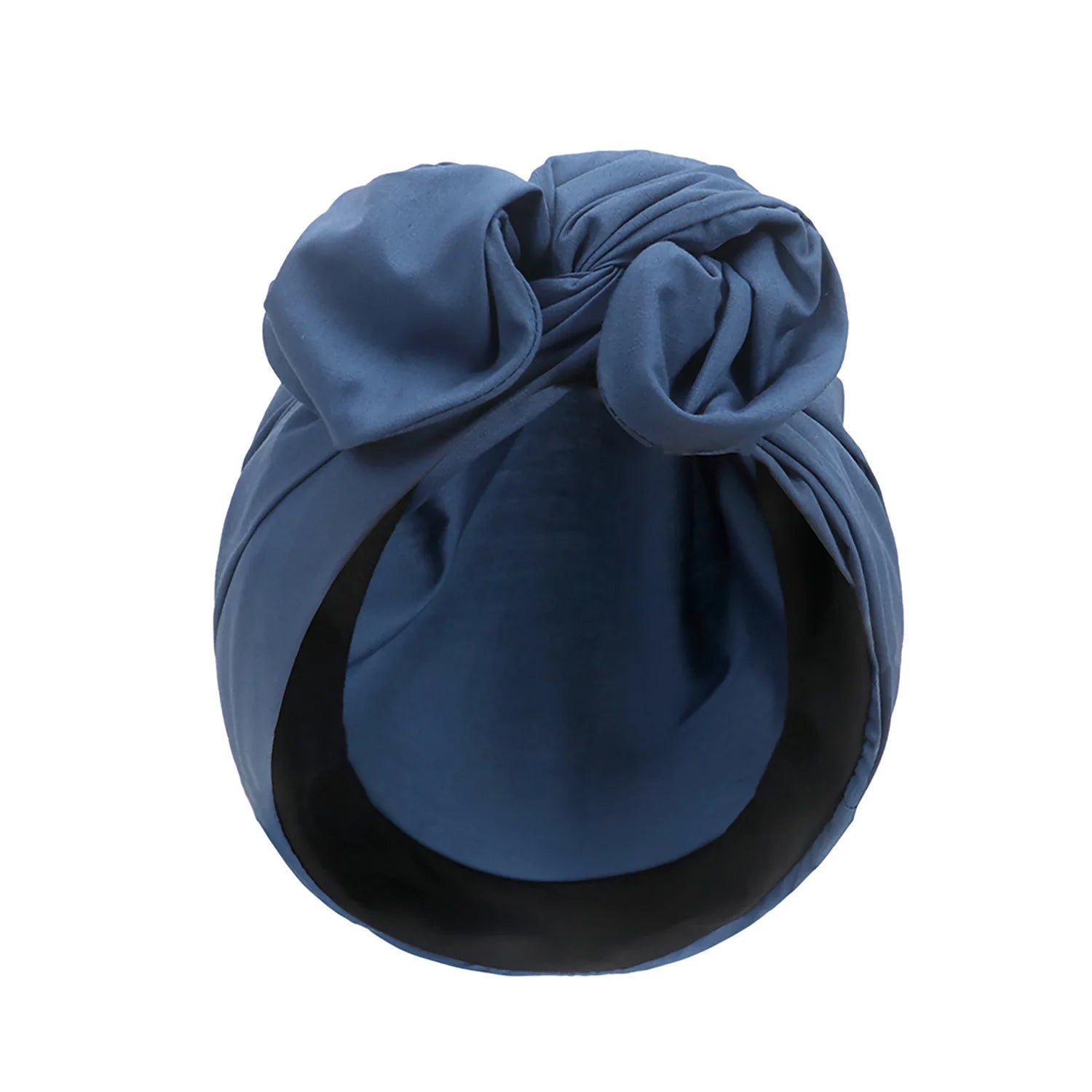 A vintage-style blue turban hat with a decorative knotted bow detail on top, shown against a plain white background.