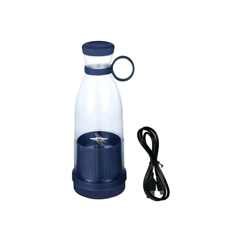 Portable navy blue blender bottle with clear body, blending blades, lid ring, and included black USB charging cable.