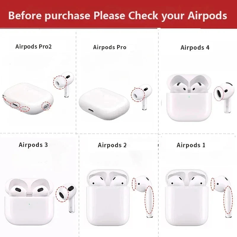 Comparison chart showing various Apple AirPods models (Pro 2, Pro, 4, 3, 2, 1) to help choose the correct case size.