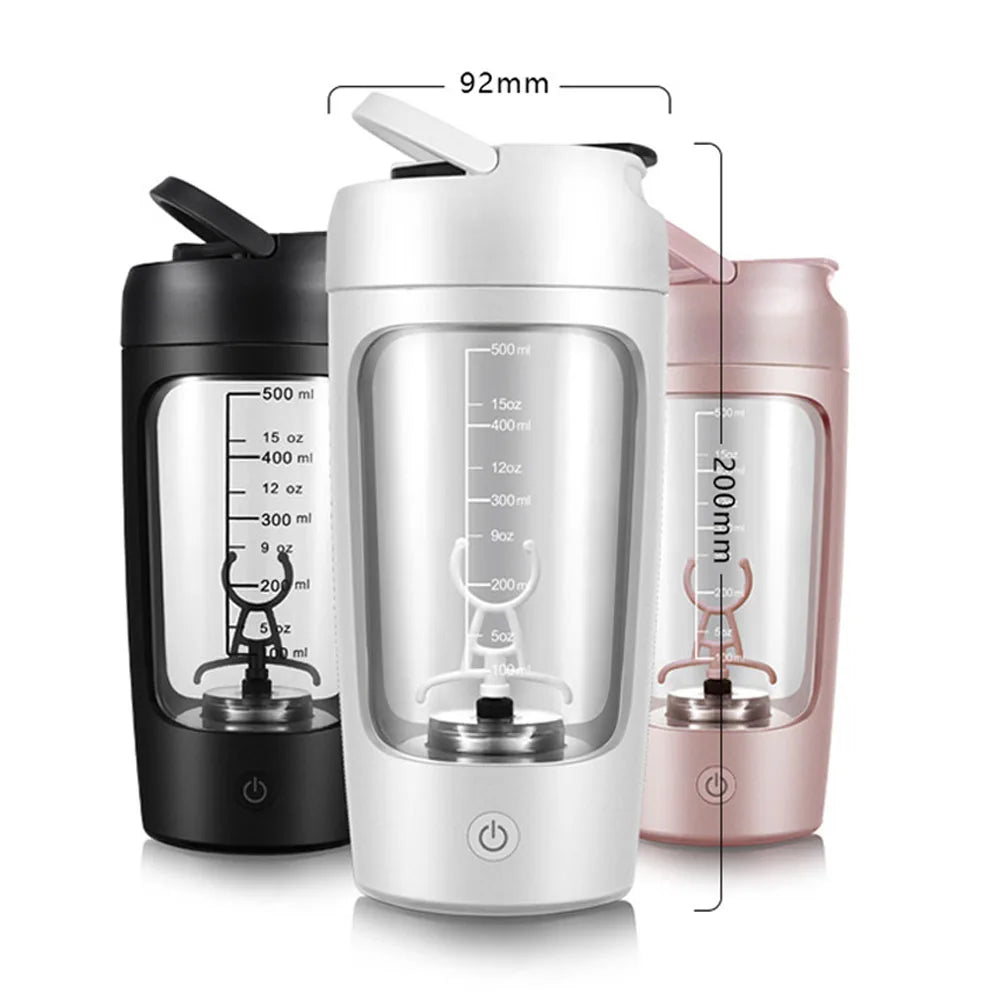 Three electric shaker bottles in black, white, and pink, featuring clear graduated markings and a built-in whisk.