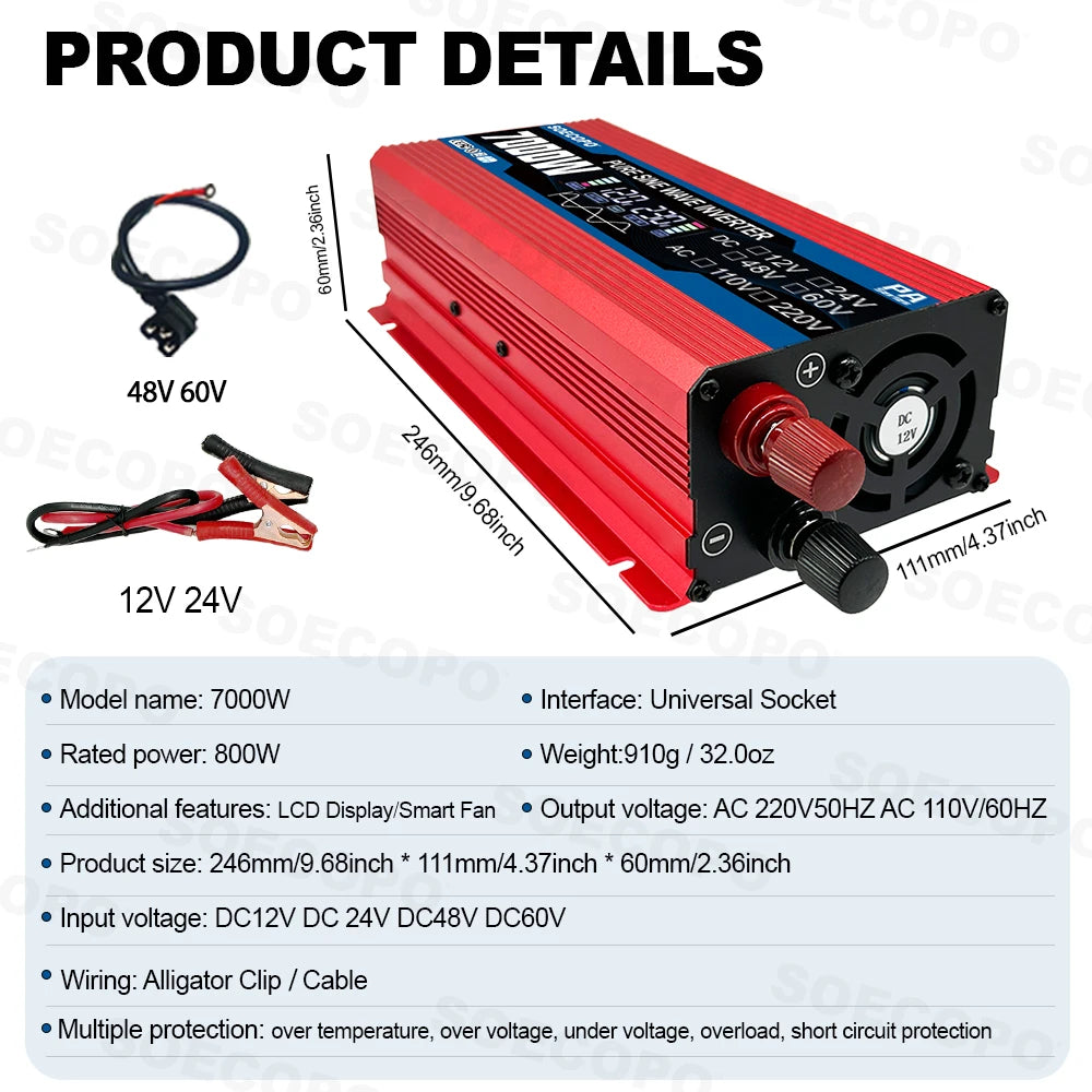 Red car power inverter with cooling fan, battery cables, alligator clips, and technical specifications list.