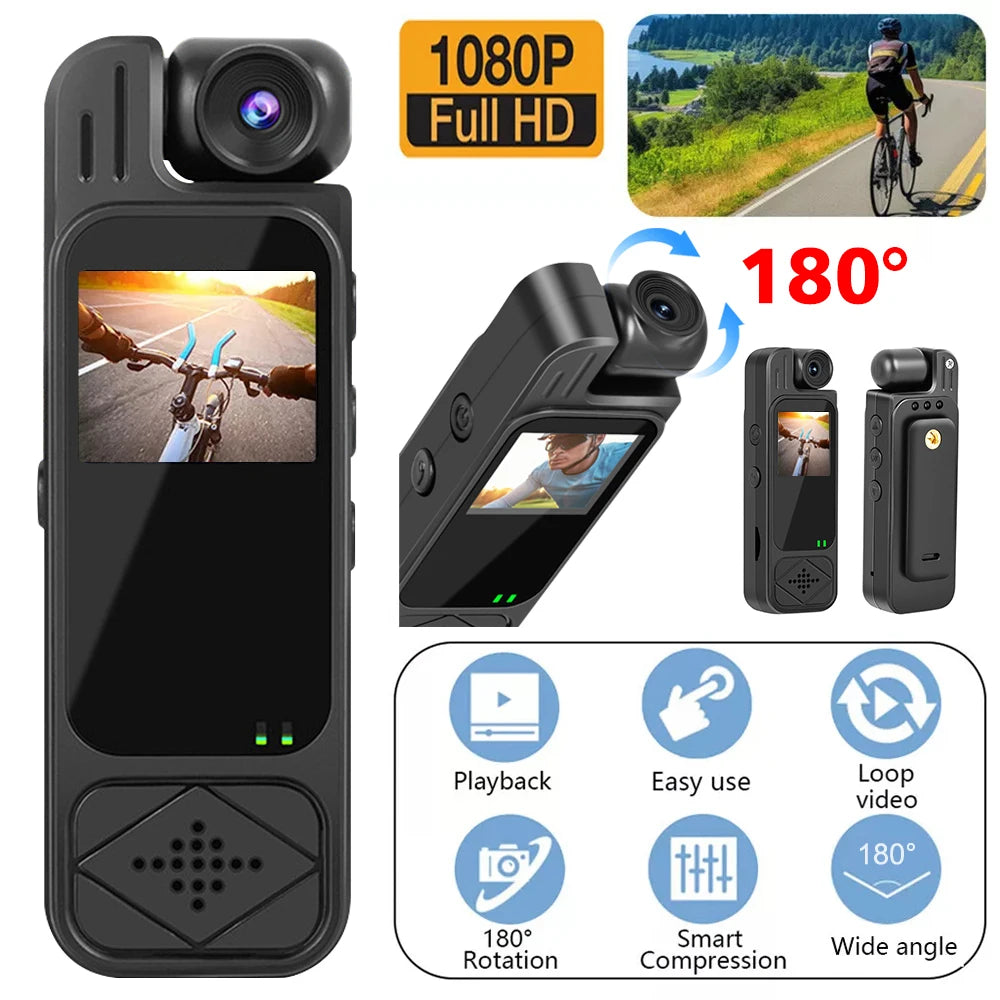 Black 1080p body camera with a 180-degree rotating lens, LCD screen, and clip, designed for cycling.