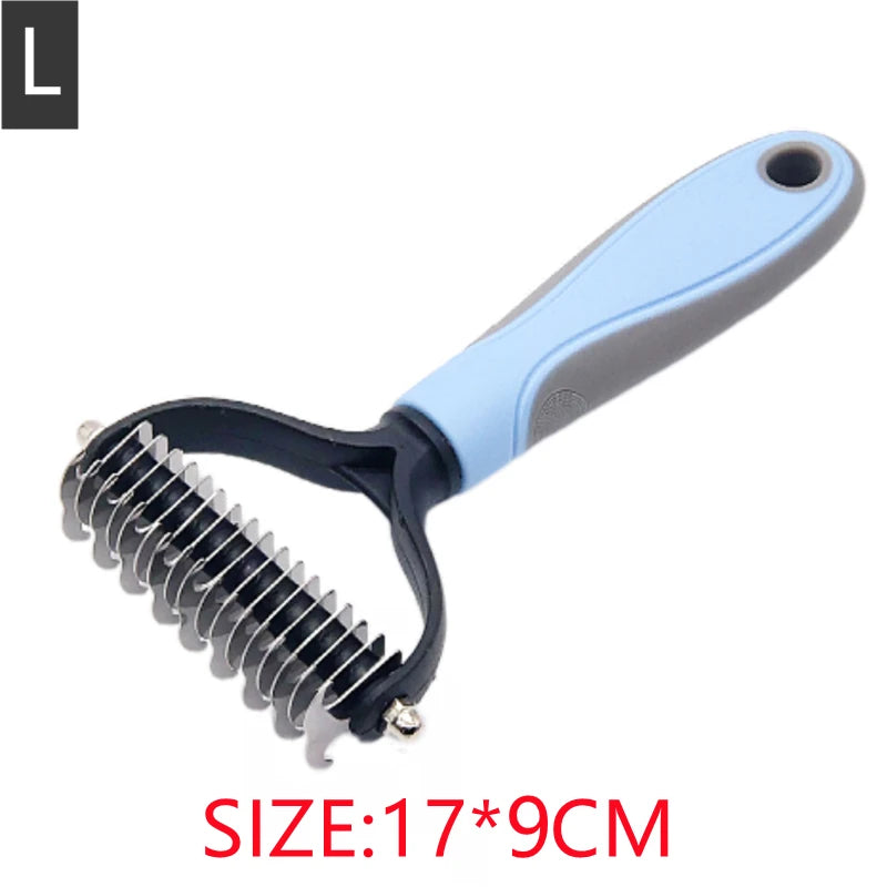 Large pet dematting rake with blue and grey handle and a row of sharp metal teeth, isolated on a white background.