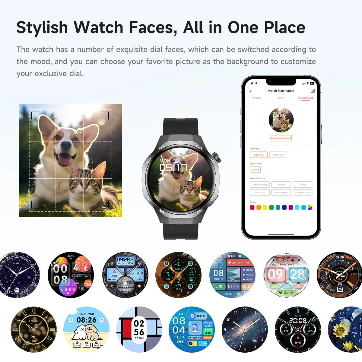 Smart watch with black strap and customisable HD display, shown with a smartphone app and various dial design options.