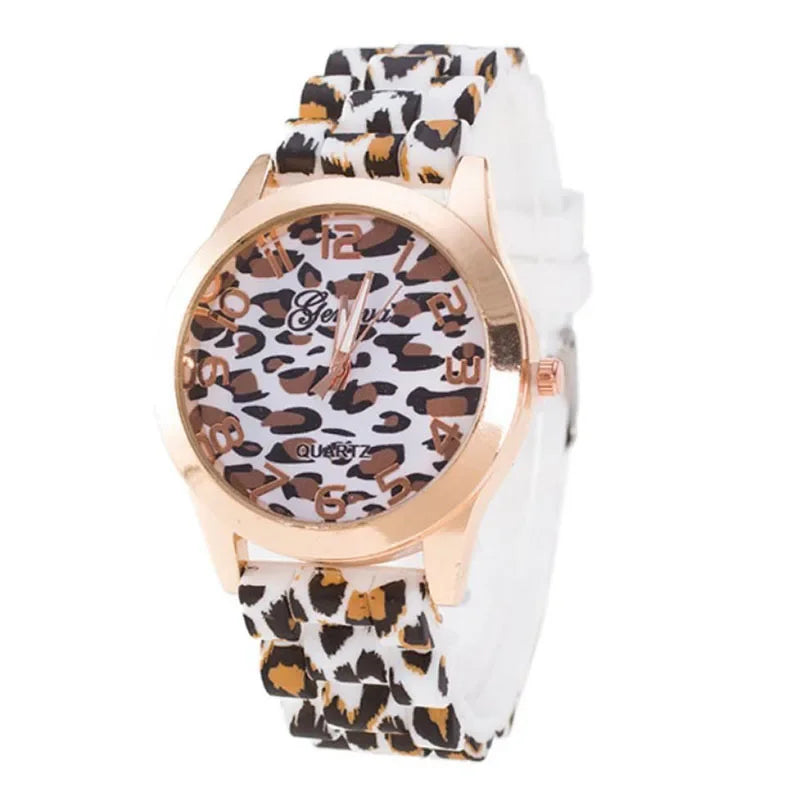 Women's quartz watch featuring a leopard print silicone strap and matching dial with a rose gold-tone metal casing.