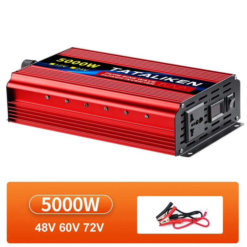 Red 5000W pure sine wave power inverter with UK-style plug socket, digital display, and heavy-duty connector cables.