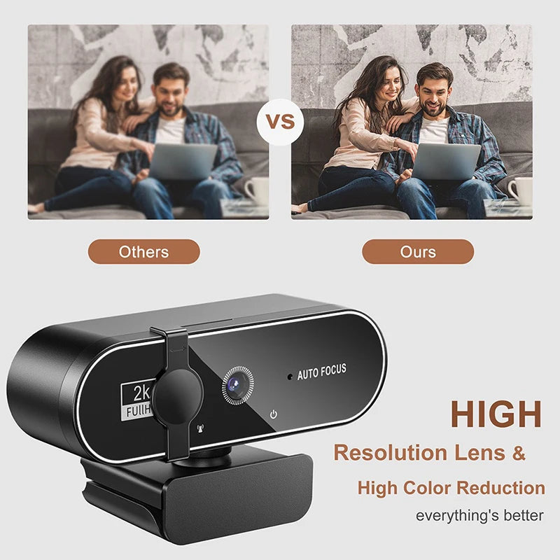 Black 4K autofocus webcam with a privacy cover, featuring a sleek design and built-in microphone for clear video.