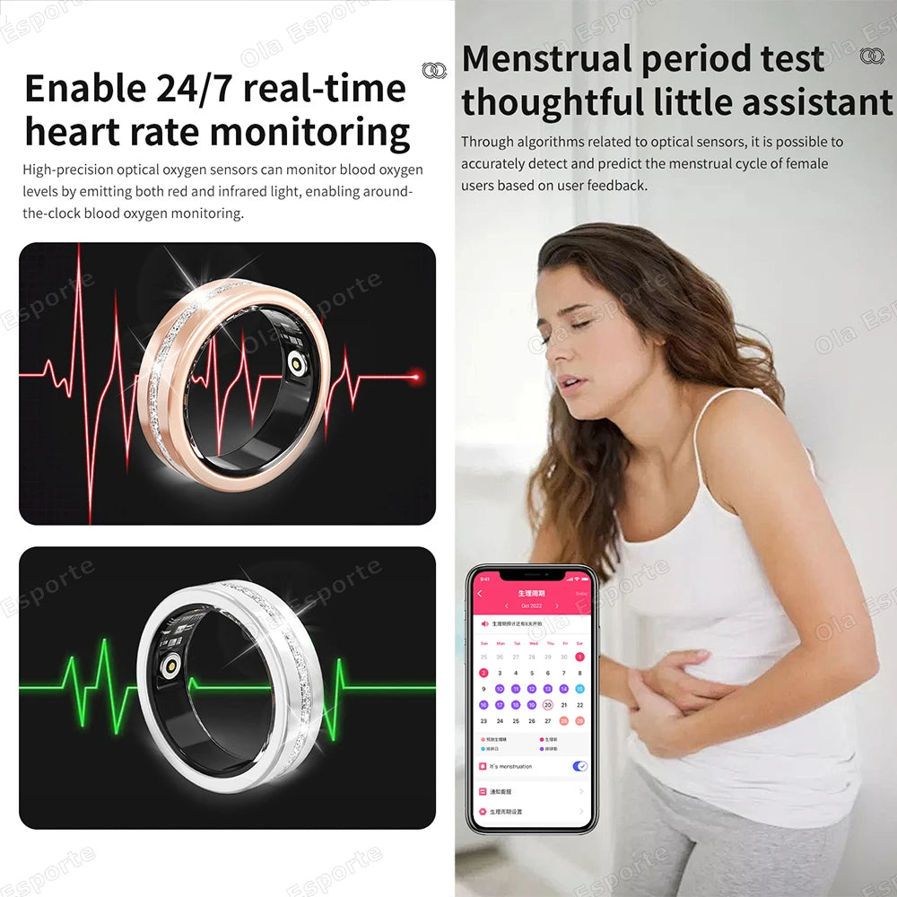 Rose gold and silver smart fitness rings with health tracking features shown alongside a period tracking app.