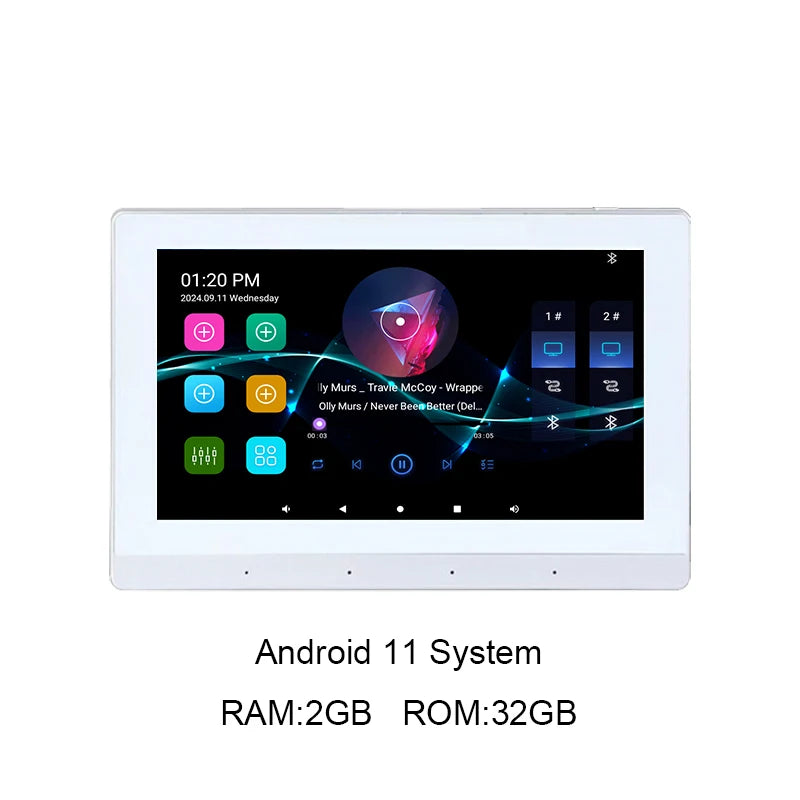 7-inch white in-wall Android smart audio amplifier with a vibrant, intuitive touch screen interface.