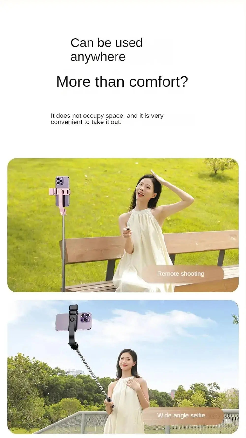 Extendable pink and black phone selfie sticks with remote shutter, shown in use outdoors for wide-angle photography.