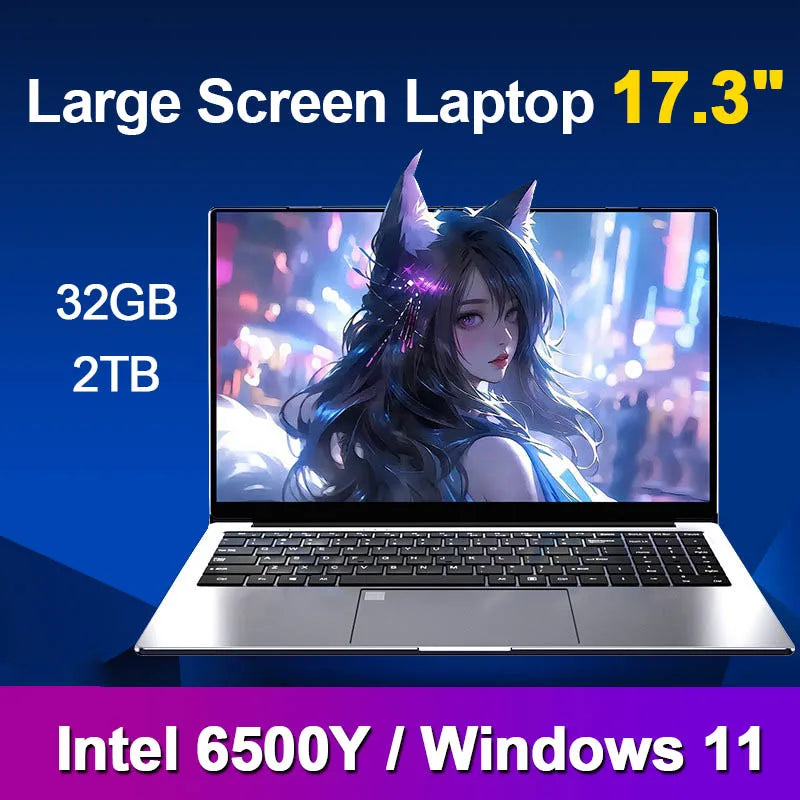 17.3" Large Screen Laptop Intel 6500Y Windows 11 Lightweight and Portable High-Definition
