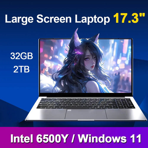 Sleek silver 17.3-inch laptop with a slim bezel, featuring 32GB RAM, 2TB storage, and a vibrant anime-style wallpaper.
