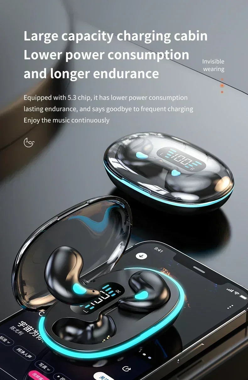 Black wireless earbuds in a translucent charging case with a digital battery display and blue LED accent lighting.