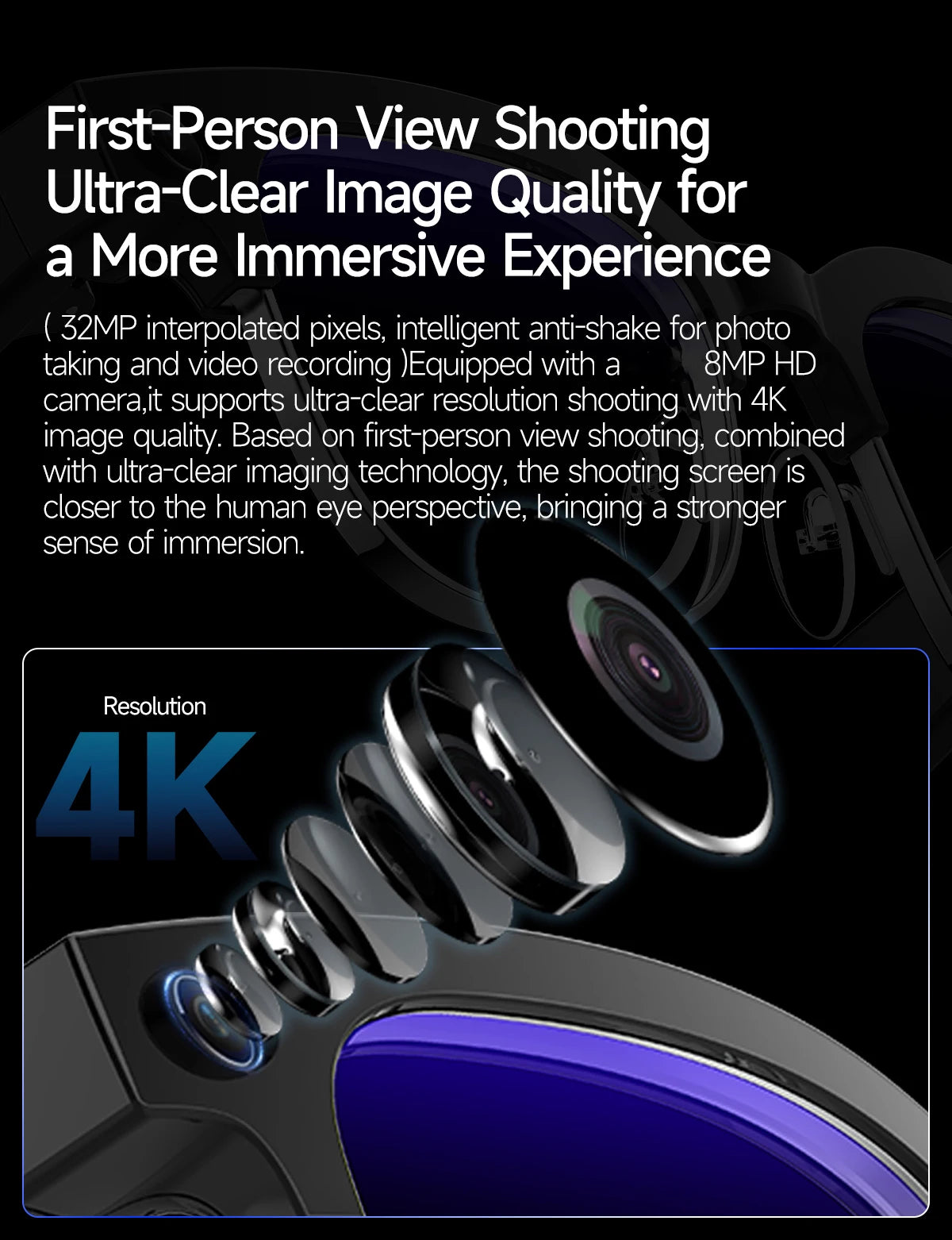 Black smart recording glasses featuring a 4K camera lens for immersive first-person perspective video.