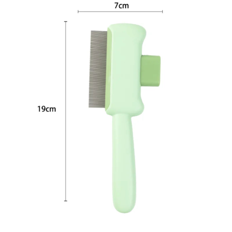 Pale green pet grooming comb with metal teeth, measuring 19cm by 7cm.