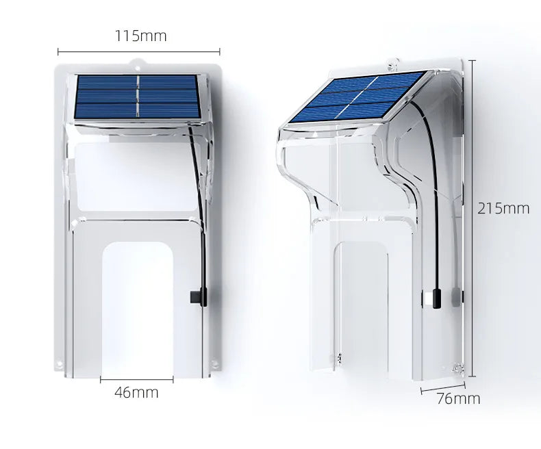Front and side view of a clear, weatherproof doorbell rain cover with an integrated blue solar panel and dimensions.