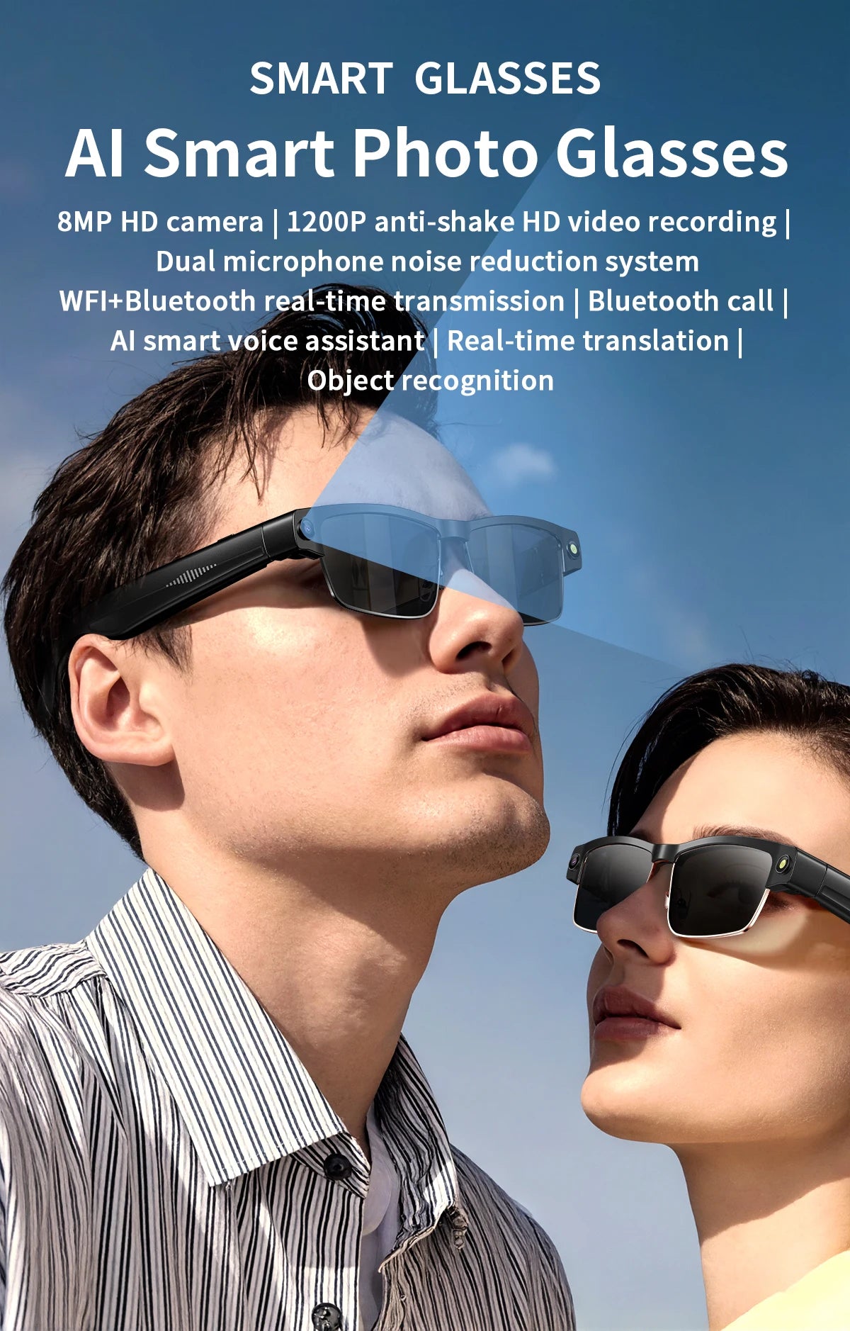 A man and woman wearing black, sleek AI smart camera glasses with built-in voice assistance and translation features.